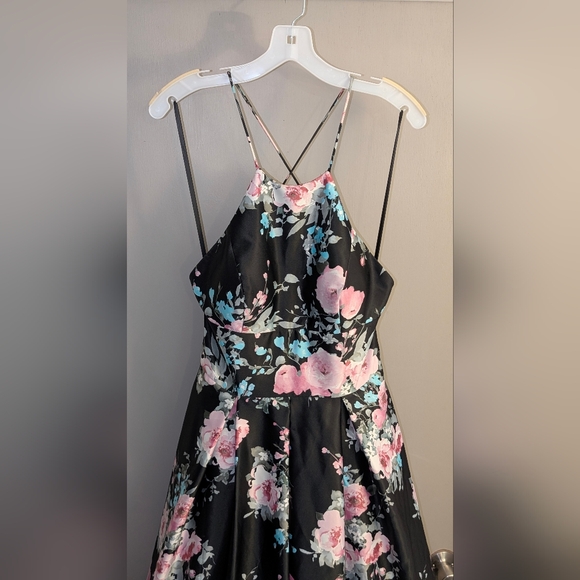Blondie Nites Black Multi Floral Halter-Neck Prom Ball Gown Dress Junior's 11 - Picture 5 of 12